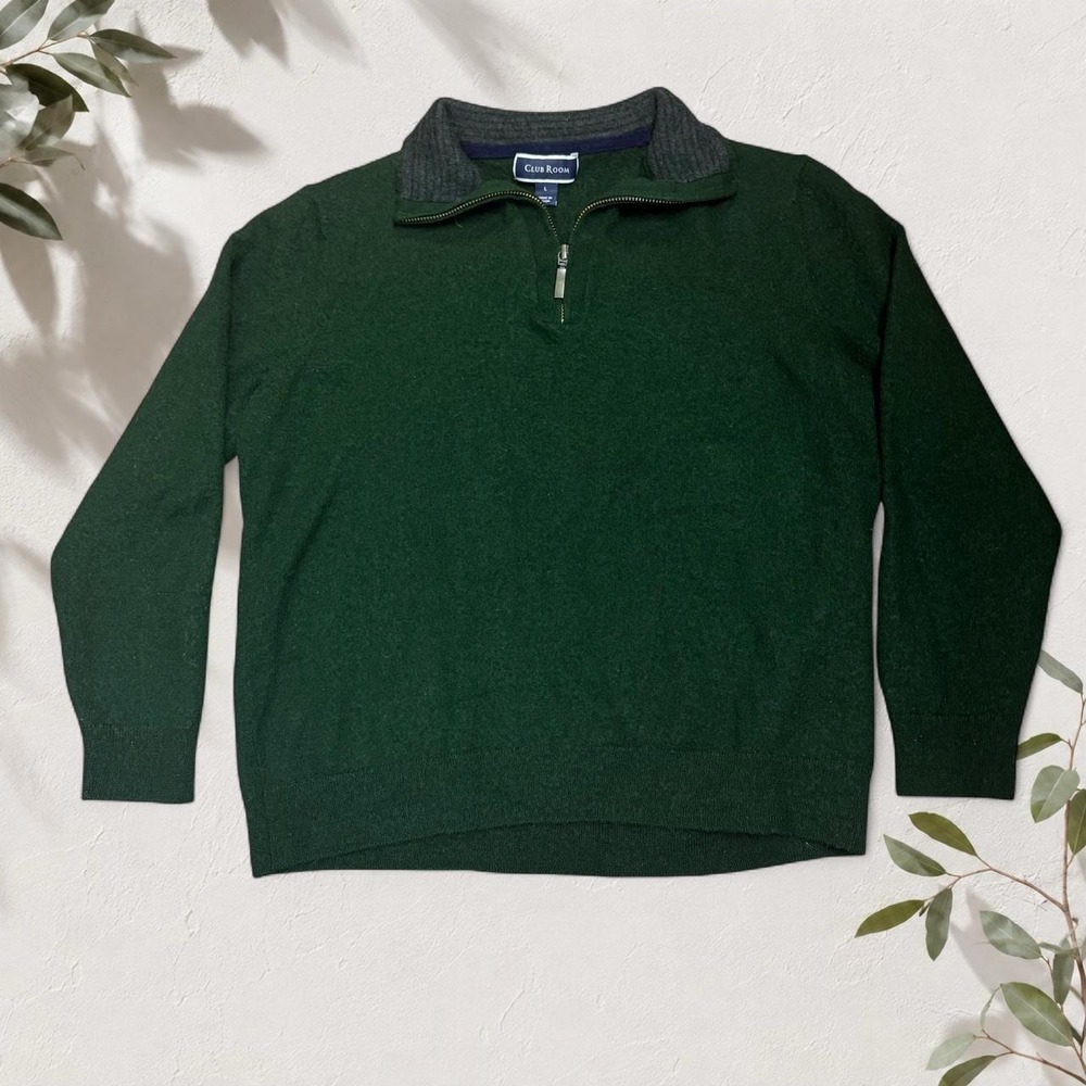 Club Room Mens Merino Wool Blend Quarter Zip Sweater Green Preppy Size L